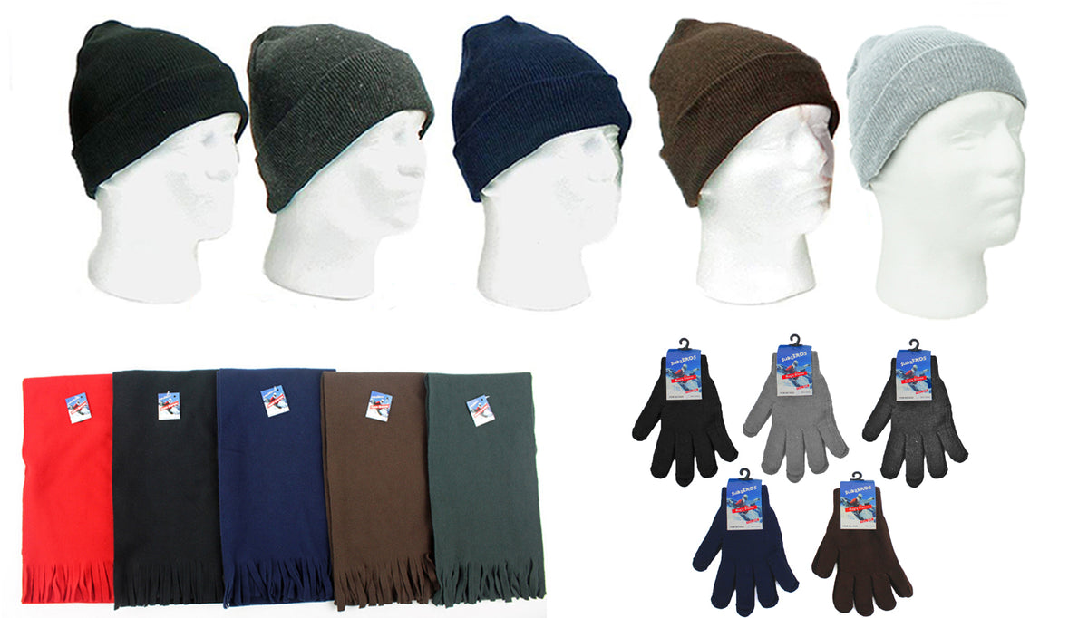 Adult Cuffed Winter Knit Hats, Adult Magic Gloves, and Adult Solid Fleece Scarves