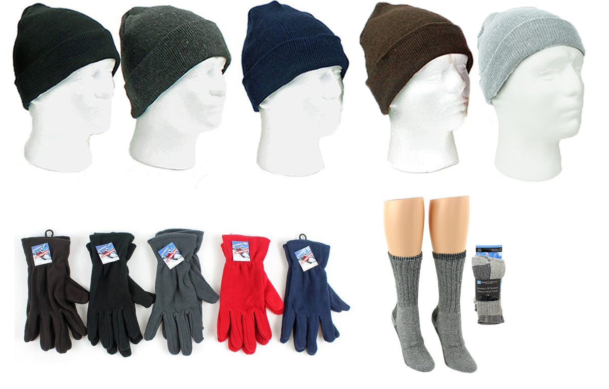 Adult Cuffed Winter Knit Hats, Women's Fleece Gloves, and Women's Merino Wool Blend Socks Combo