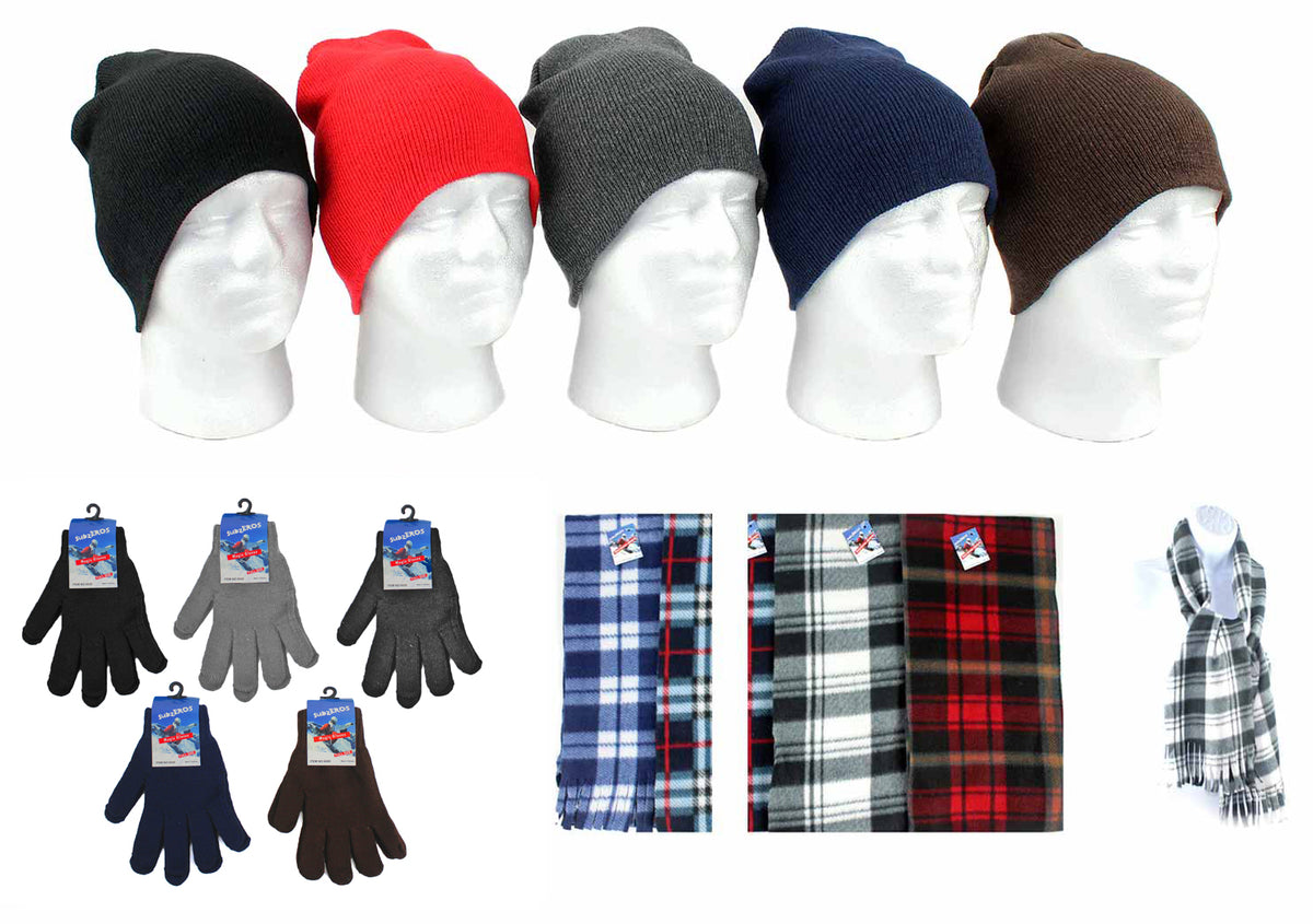 Adult Beanie Winter Knit Hats, Adult Magic Gloves, and Adult Checkered Scarves Combo Packs