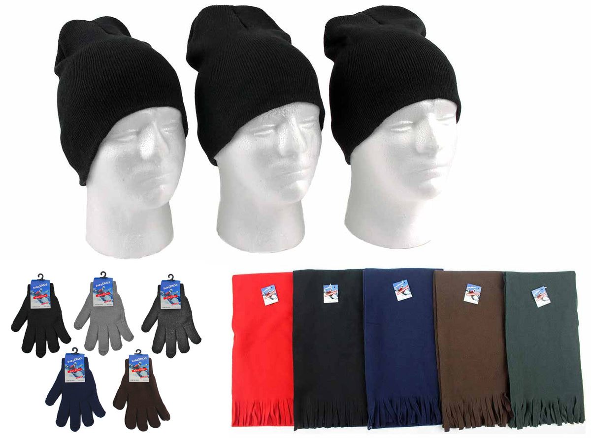 Adult Beanie Winter Knit Hats, Adult Magic Gloves, and Adult Solid Scarves Combo Packs