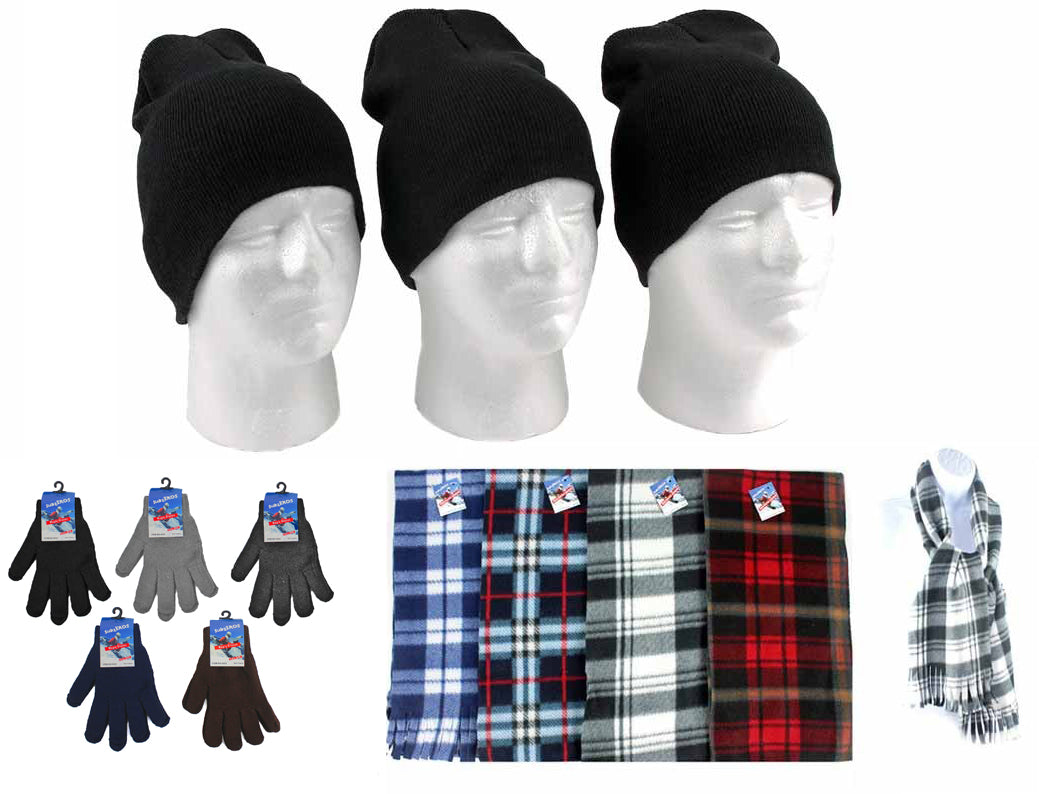 Adult Beanie Winter Knit Hats, Adult Magic Gloves, and Adult Checkered Scarves Combo Packs