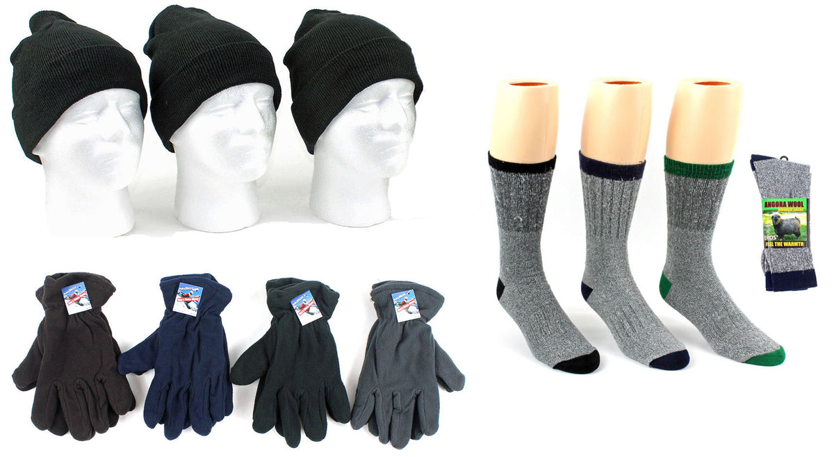 Adult Cuffed Winter Knit Hats, Men's Fleece Gloves, and Men's Angora Wool Blend Socks Combo