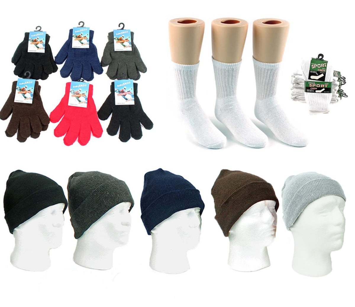 Children's Cuffed Winter Knit Hats, Magic Gloves, and Athletic Crew Socks Combo Pack