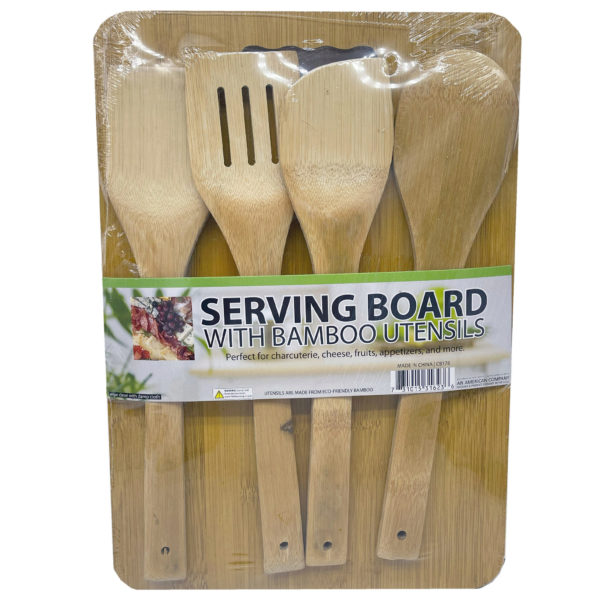 5 Piece Serving Board with Bamboo Utensils Set
