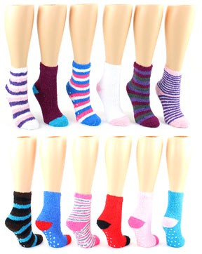 Women's Fuzzy Ankle Socks w/ Grips - Assorted Prints - Size 9-11