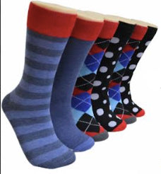 Men's Novelty Crew Socks - Argyle, Polka Dot, & Stipe Print - Size 10-13