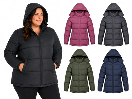 Plus Size Women's Insulated Winter Puffer Jackets w/ Fleece Lining & Detachable Hood - Sizes 1X-3X