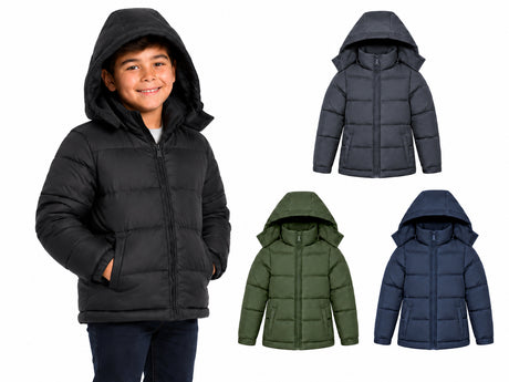 Boy's Insulated Winter Puffer Jackets w/ Fleece Lining & Detachable Hood - Sizes 8-18