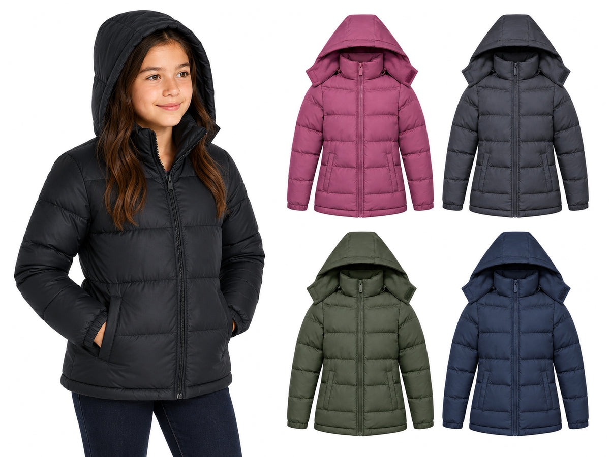 Girl's Insulated Winter Puffer Jackets w/ Fleece Lining & Detachable Hood - Sizes 8-18