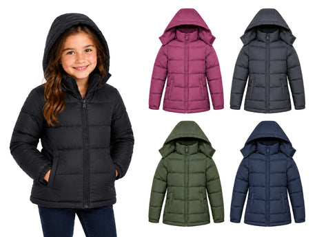 Little Girl's Insulated Winter Puffer Jackets w/ Fleece Lining & Detachable Hood - Sizes 5-7