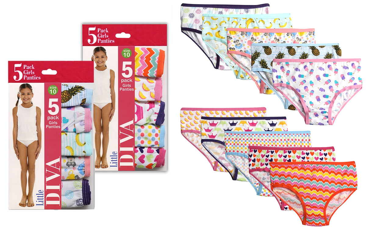 Girl's Underwear 5-Packs by Little Diva - Assorted Patterns - Sizes 4-14