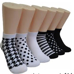 Women's Low Cut Novelty Socks - Black & White Polka Dot & Stripe Print - Size 9-11