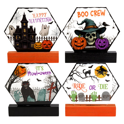 Table Decor Halloween Hexagon Window On Mdf Base 4asst Scenes/6in Label