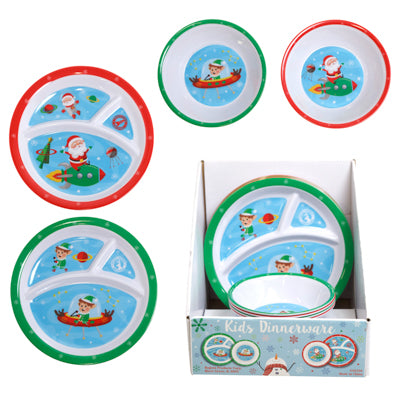 Dinnerware Kids Christmas 2asst Space Age Santa/elf 3-section Plate/ Bowl In 48pc Pdq