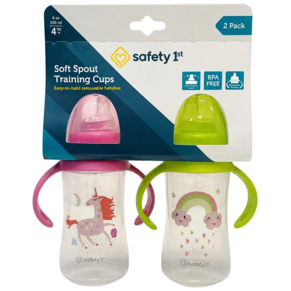 Safety First 2-Pack 9oz Printed Sippy Cups with Silicone Spout & Easy-Grip Handles in Pink & Yellow