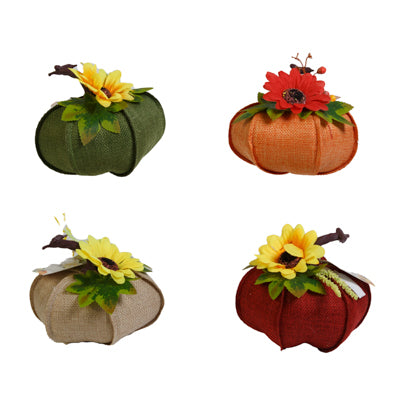 Pumpkin Burlap W/ Floral Decor Trim 4x2.25in 4 Asst Colors Ea W/harv Ht