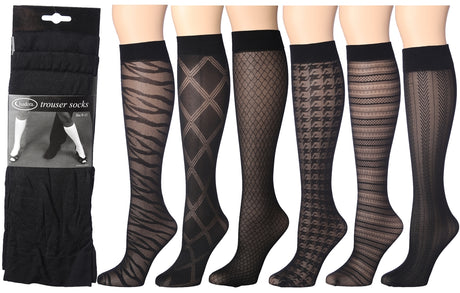 Women's Black Textured Knee High Trouser Socks - Assorted Patterns - Size 9-11 - 3-Pair Packs
