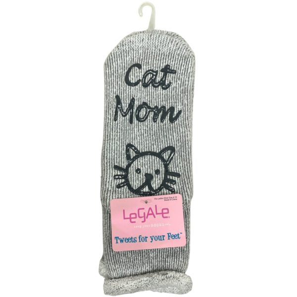 Legale 1 Pair Cozy Socks "Cat Mom" w/ Grip Grey Ladies Shoe Size 4-10