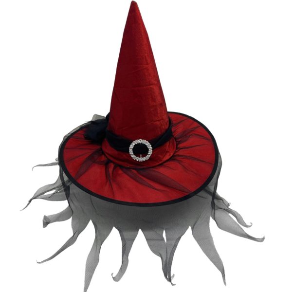 Red Satin Witch Hat with Black Veil and Plastic Diamond Buckle