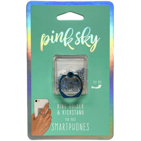 Pink Sky Rectangular Phone Ring Holder & Kickstand w/ Silver Floating Glitter Design