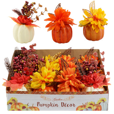 Pumpkin W/flower 6x3 3ast 12pc Pdq/harvest Hangtag W/glitter Leaf Or Berry/leaf