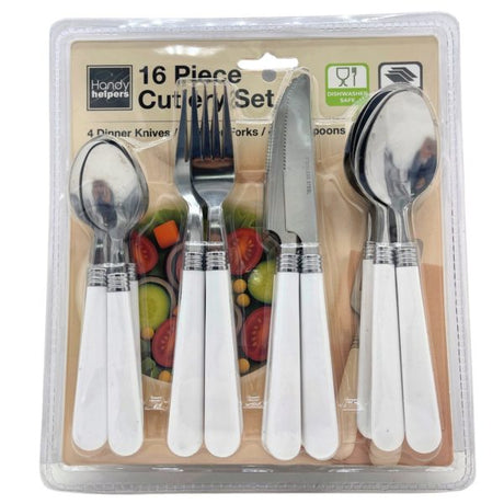 16 Piece Cutlery Set with White Handles