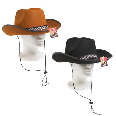 Cowboy Hat Black Or Brown Western Style W/ Blk/ White Hatband & Black Trimmed Brim Ht/jhook