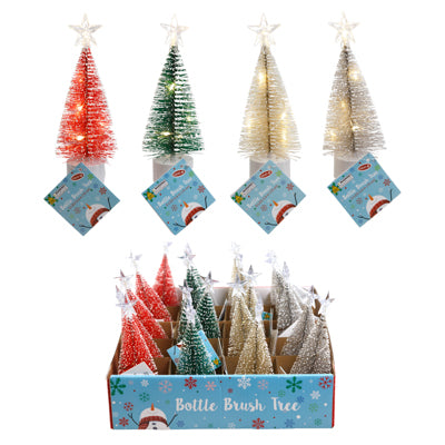 Christmas Tree Bottle Brush Snow Tipped W/5 B/o Lights 5.9 X 2.4in 4ast Colors/20pc Pdq