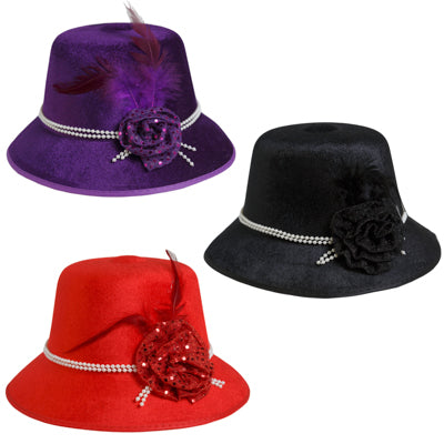 Hat Flapper Velvet Costume Adult Size 3ast Color W/ Sequin Rose & Faux Pearl Decor