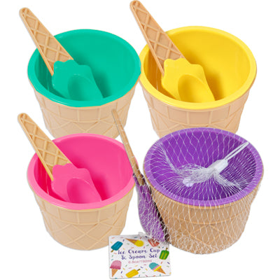 Ice Cream Cup & Spoon Set 4 Ast Summer Brites 3.74dia X 2.6h 6.8 Oz Net Bag W/hangtag