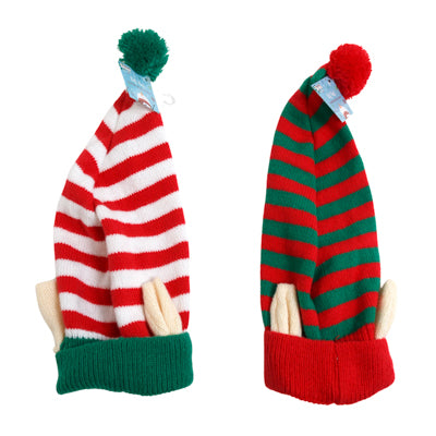 Elf Hat Stocking Cap Style 14.5x6in Striped W/ears & Pom 2ast/jhook/ht