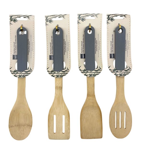 4 Assorted Bamboo Utensil with Rubber Handles