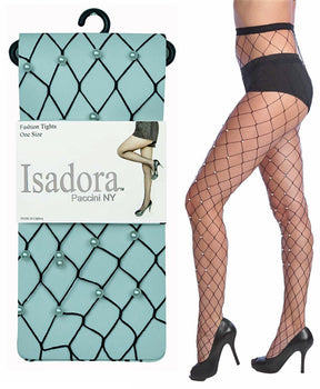 Women's Broad Fishnet Tights w/ Pearl Embellishments