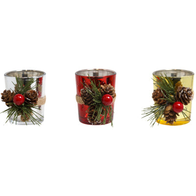 Votive Candle Holder Cracklew/pinecones/berry/greens 3ast Red/silver/gold Upc Label