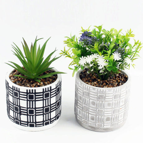Faux Floral Plant Assortment with Pebbles Cement Decorative Embossed Planter