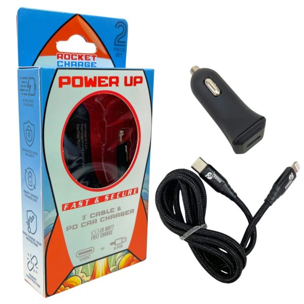 Rocket Charge 3 Foot USB C to iPhone 8-Pin Cable with USB Car Charger
