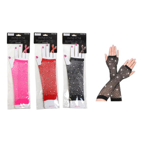 Costume Fishnet Fingerless Gloves W/rhinestone Accents 17.75in L/red/pink/black
