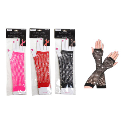 Costume Fishnet Fingerless Gloves W/rhinestone Accents 17.75in L/red/pink/black