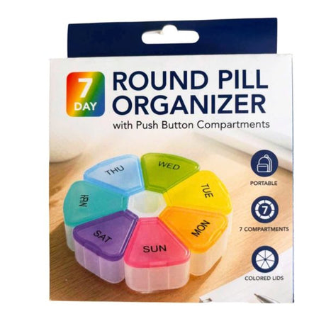 7-Day Round Pill Organizer with Push Button Compartments