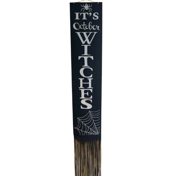 It's October Witches Halloween Door Flag Banner Decor with Fringe and Spiderweb Design