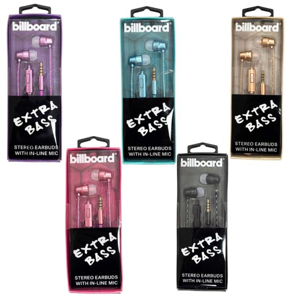 Billboard Wired Extra Bass Stereo Earbuds with Mic in Assorted Colors