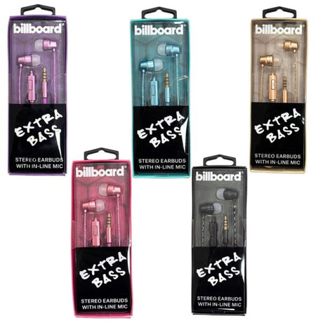 Billboard Wired Extra Bass Stereo Earbuds with Mic in Assorted Colors