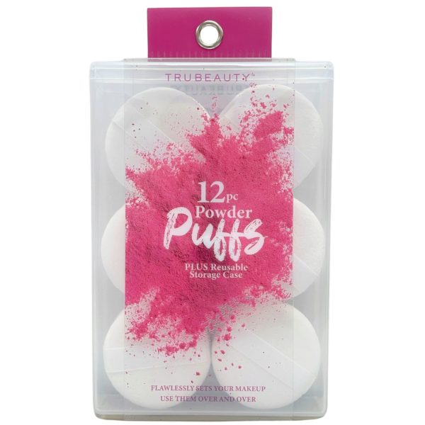 TruBeauty White 12pc Round Powder Puffs & Case