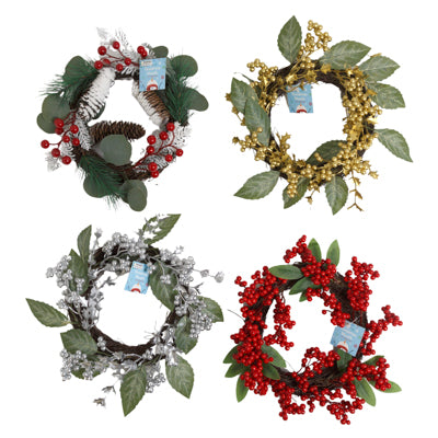 Wreath  Christmas 12in W/pine & Berries 4ast Red/silver/gold Berry & Frosted Pine Xmas/ht