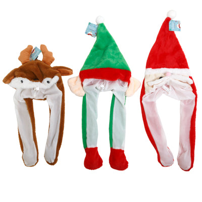 Hat Christmas Plush W/pump Up Ear Motion 3ast Santa/elf/deer 10x20in Ht/jhook