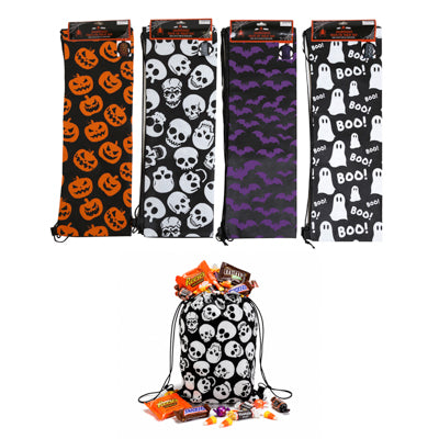 Trick Or Treat Bag Jumbo Drawstring Nonwoven 16x23in 4ast Prints Folded W/hdr Card