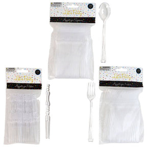 Appetizer Spoons/forks/picks 3asst 24ct Clear Plastic 4-4.5in L/party Prntd Opp Bag
