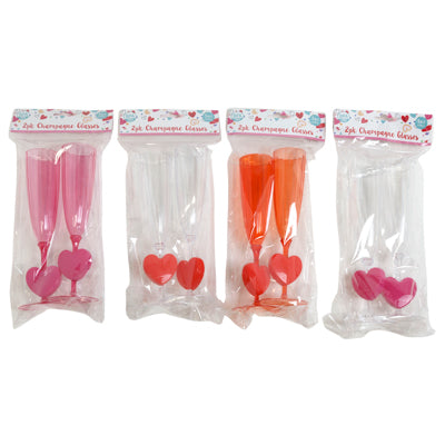 Champagne Flute 2pk W/heart Stem Plastic 4ast Clrs 5oz/8.25inh