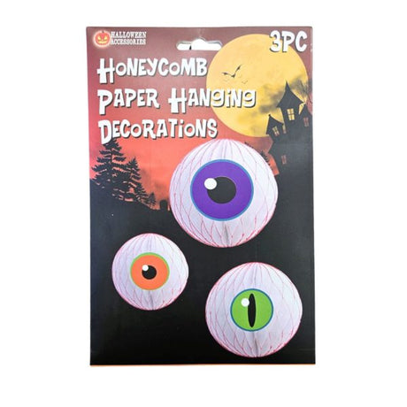 Set of 3 Hanging Honeycomb Paper Colored Eyeballs Decorations
