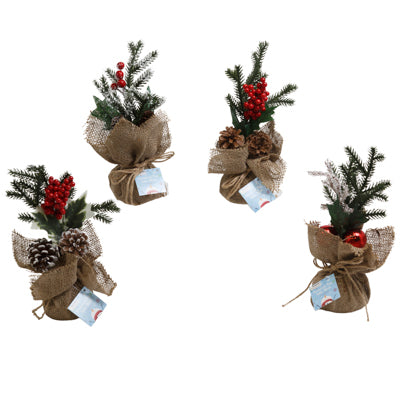 Christmas Mini Tree 11" Pine W/ Burlap Base & 4 Asst Trim Decor Xmas Ht